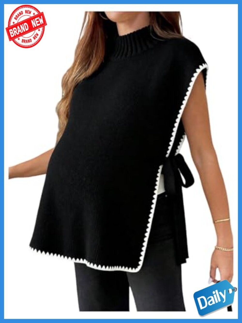 Maternity Sweater Vest Mock Neck Tie Side Sleeveless Knit Top - Polyester